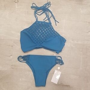 💕MIKOH💕 Macrame Bikini Set ~ Teal Blue XL NWT